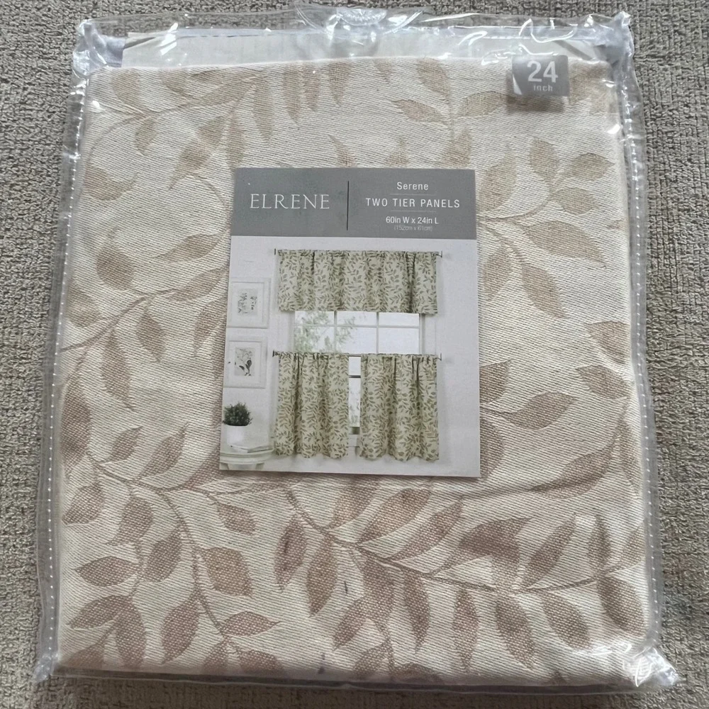 Elrene Serene Two Tier Panels Linen Leaf Vine Rod Pocket Curtains 60x24 731-1044